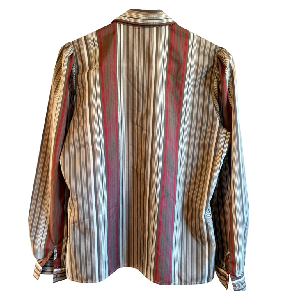 Vintage John Meyer Striped Puff Sleeve Button Down Blouse Brown Red Size 12 - Picture 8 of 8